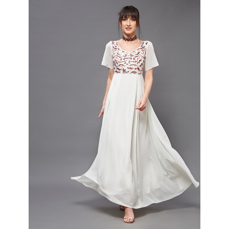 Women’s Off White V-Neck Short Slit Sleeve Embroidered Embellished Georgette Maxi Dress XS Off White