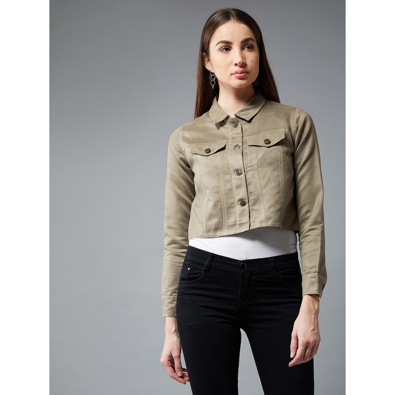 Women’s Olive Green Collared Full Sleeves Paneled Cropped Jacket XS Olive Green