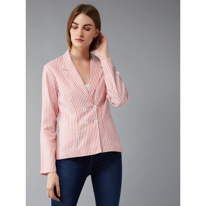 Women’s Orange and White Collared Full Sleeves Striped Regular Length Notched Jacket XS Orange And White