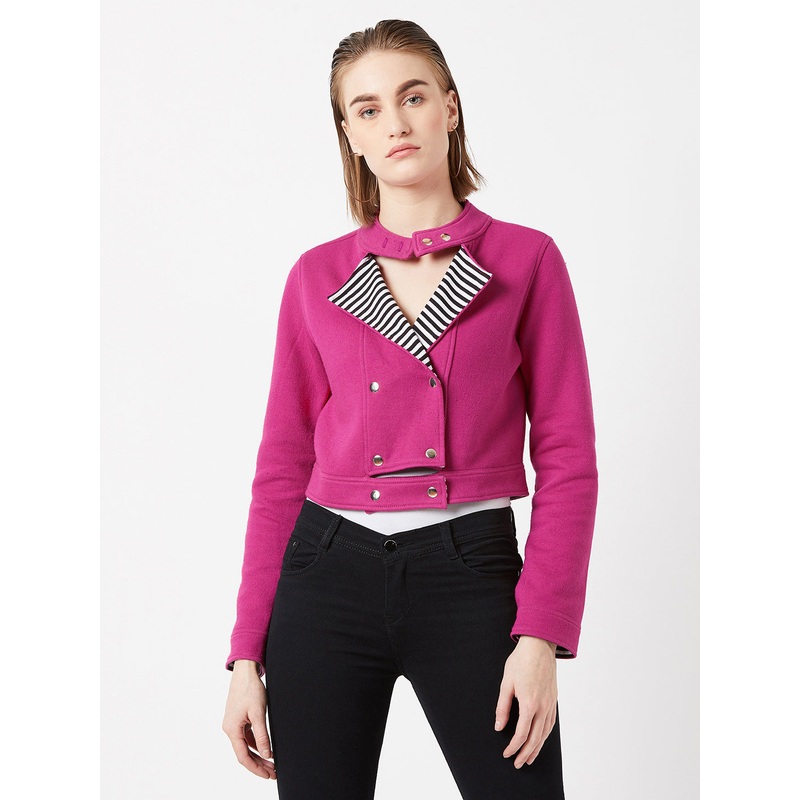 Women’s Pink Round Neck Full Sleeves Solid Paneled Snap Button Detailing Cropped Jacket XS Pink