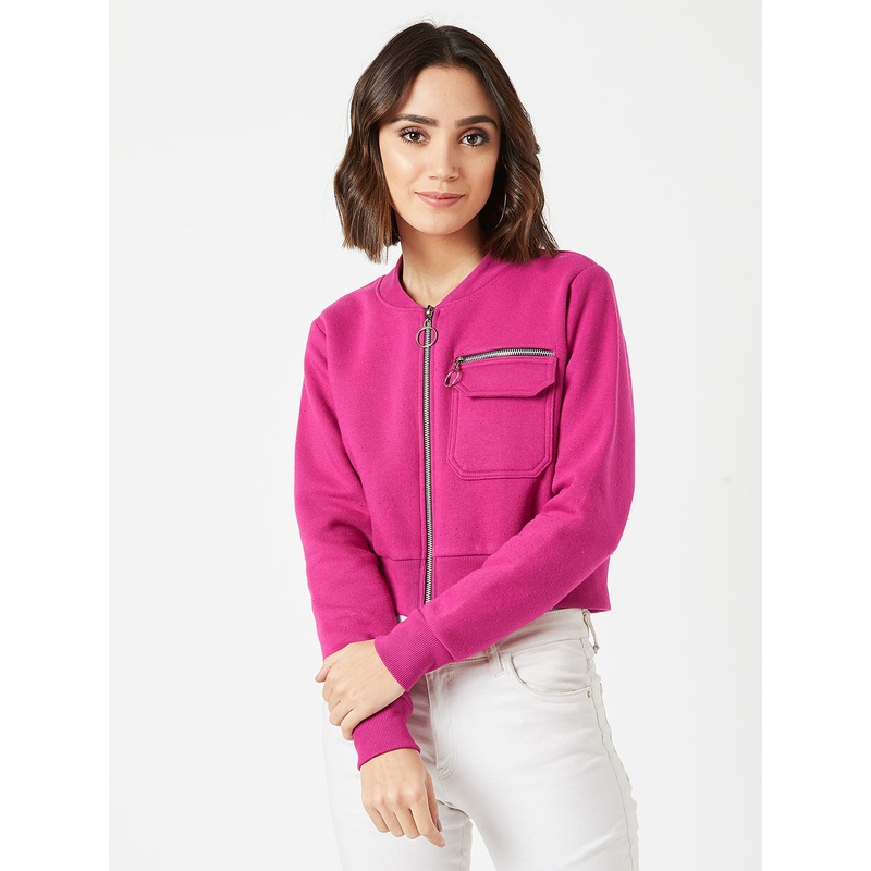 Women’s Pink Stand Collar Full Sleeves Cotton Boxy/Bomber Cropped Jacket XS Pink