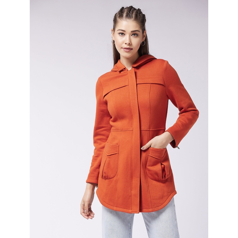 Women’s Rust Hooded Full Sleeve Solid Longline Jacket XS Rust