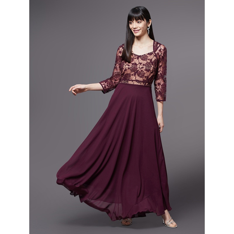 Women’s Wine & Beige Lace Overlaid Fit & Flare Maxi Maxi Dress XS Wine