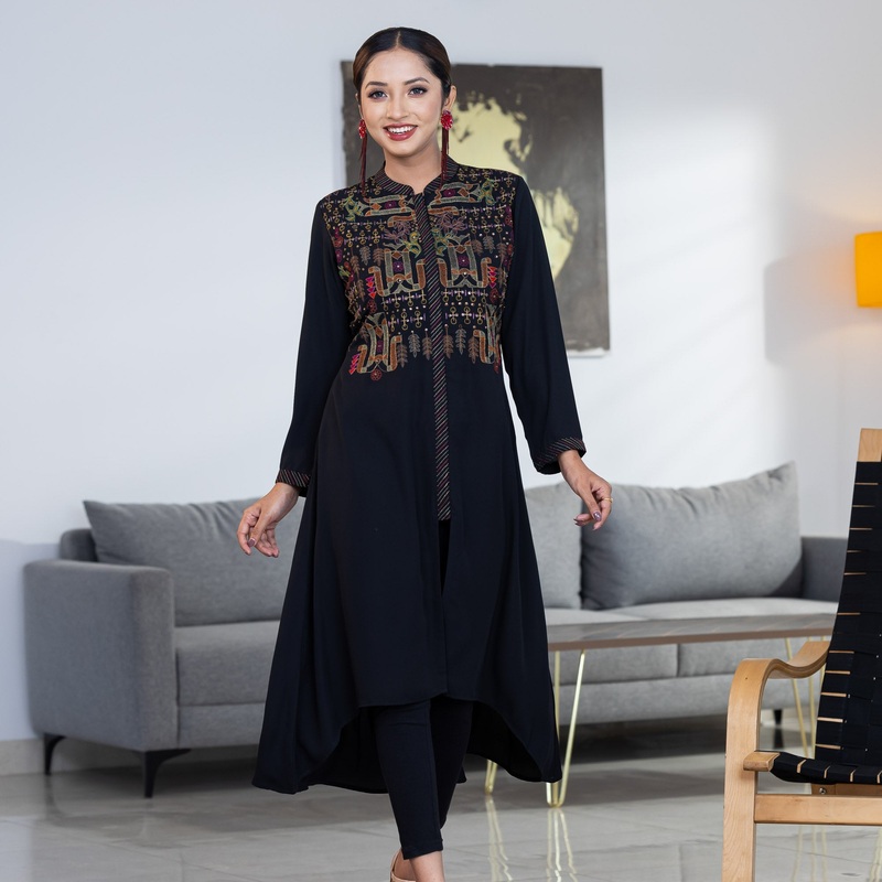 Womens Ethnic Premium Kurti-Black L BLACK
