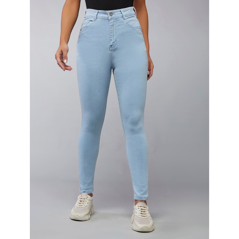 24/7 Comfort Light Blue Skinny Fringed Hemline Detailing High-Rise Cropped Solid Stretchable Denim Jeans 26 Blue