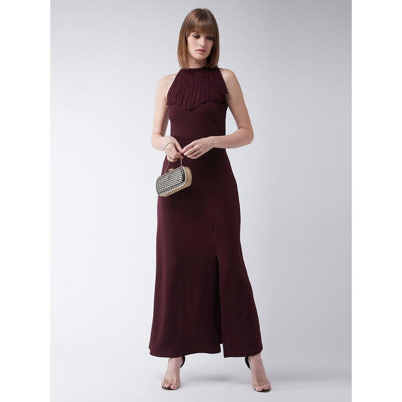 Crease Ease Women’s Wine Red Fringed Halter Neck Sleeveless Solid Maxi Front Slit Dress XS Wine Red