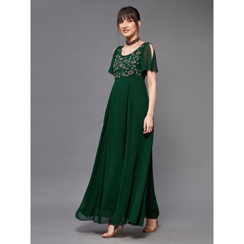 Dark Green Fit and Flare Sequinned Maxi Dress for Women XS Green