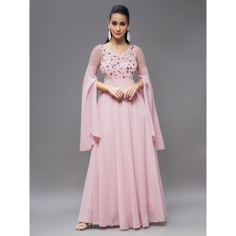 Pink Bell Sleeves Sequinned Gown for Women XS Dusty Pink