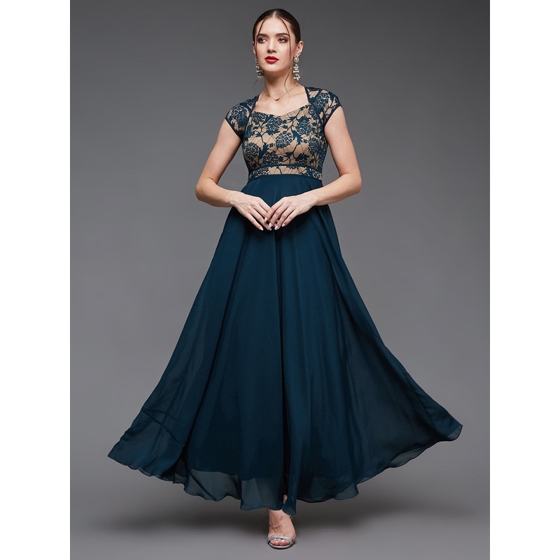 Teal Floral Cap Sleeves Fit and Flare Lace Maxi Dress for Women XS Teal