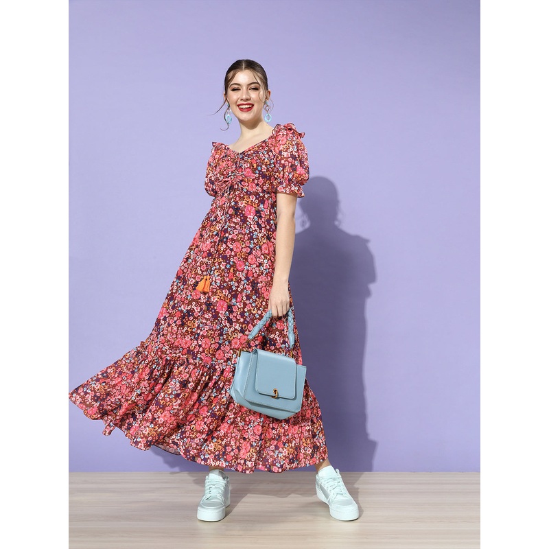 Wine Multicoloured Floral Printed Puff Sleeves Sweetheart Neck Fit and Flare Maxi Dress for Women XS Multicolored-Base-Wine