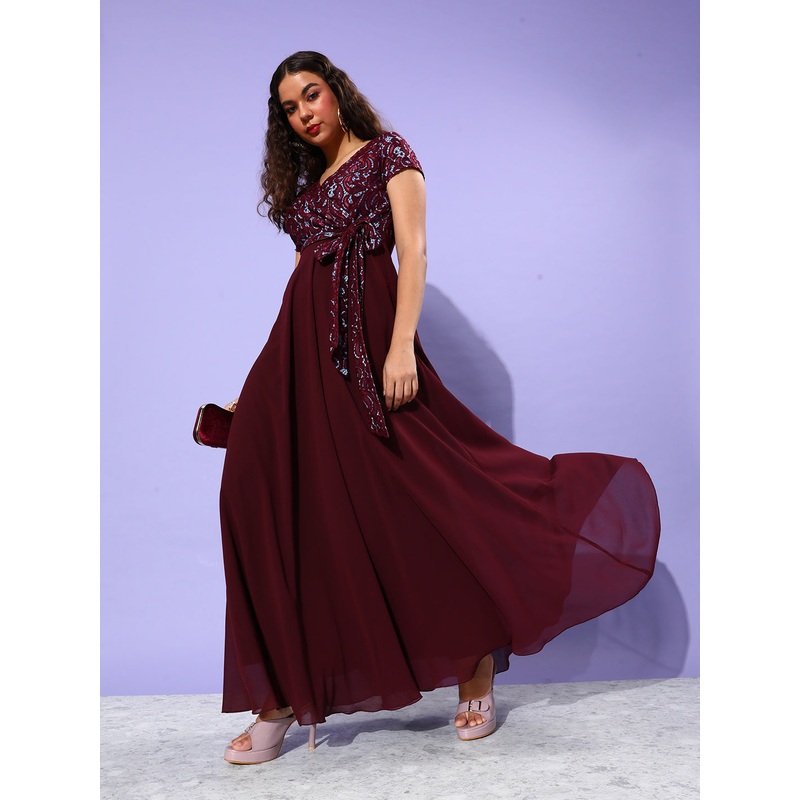 Wine Short Sleeves Wrap Fit and Flare Dress with Lace Belt for Women XS Wine