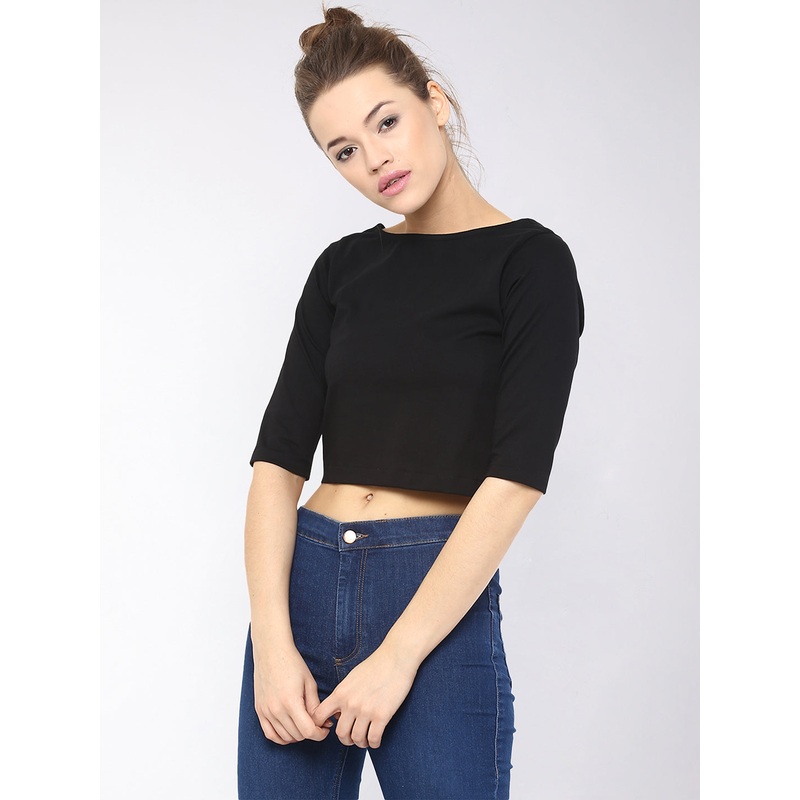Women’s Black Boat Neck Half Sleeves Casual Buttoned Crop Top XS Black