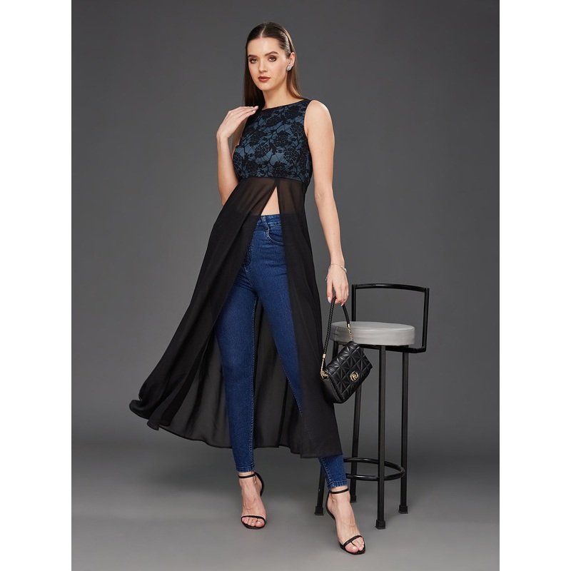 Women’S Black Boat Neck Sleeveless Self Design Lace Overlaid Polyester Maxi Top XS Black