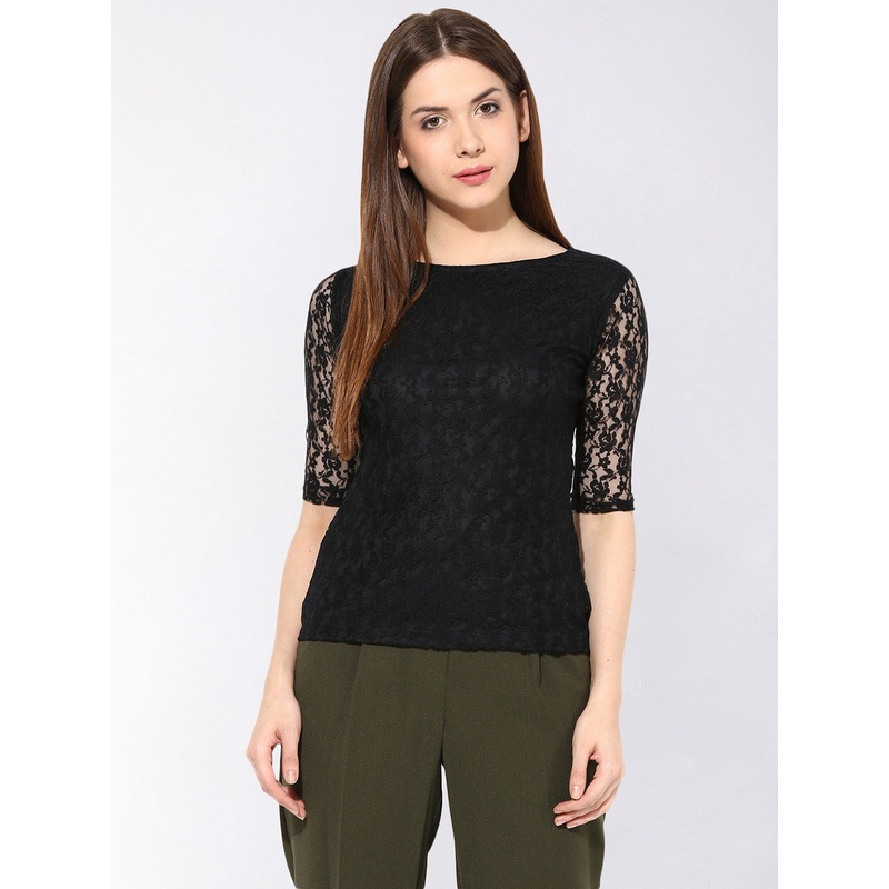 Women’s Black Round Neck 3/4th Sleeves Lace Top XS Black