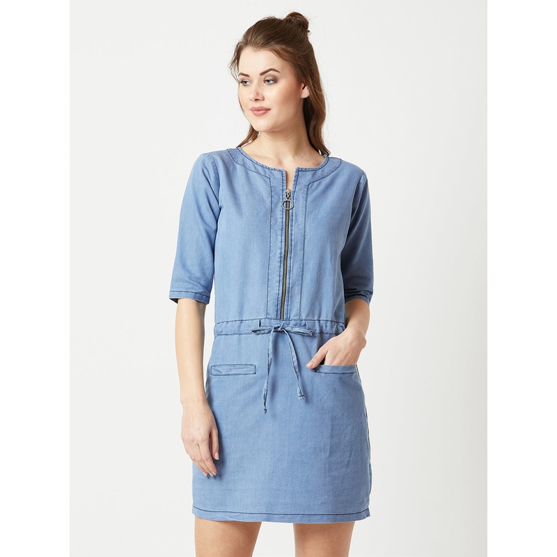 Women’s Light Blue Polo Neck 3/4 Sleeve Denim Solid Midi Shift Dress XS Light Blue