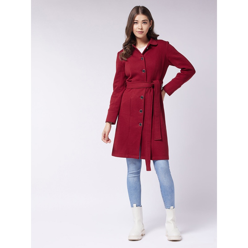 Women’s Maroon Collared Full Sleeve Solid Tie-up Longline Jacket XS Maroon