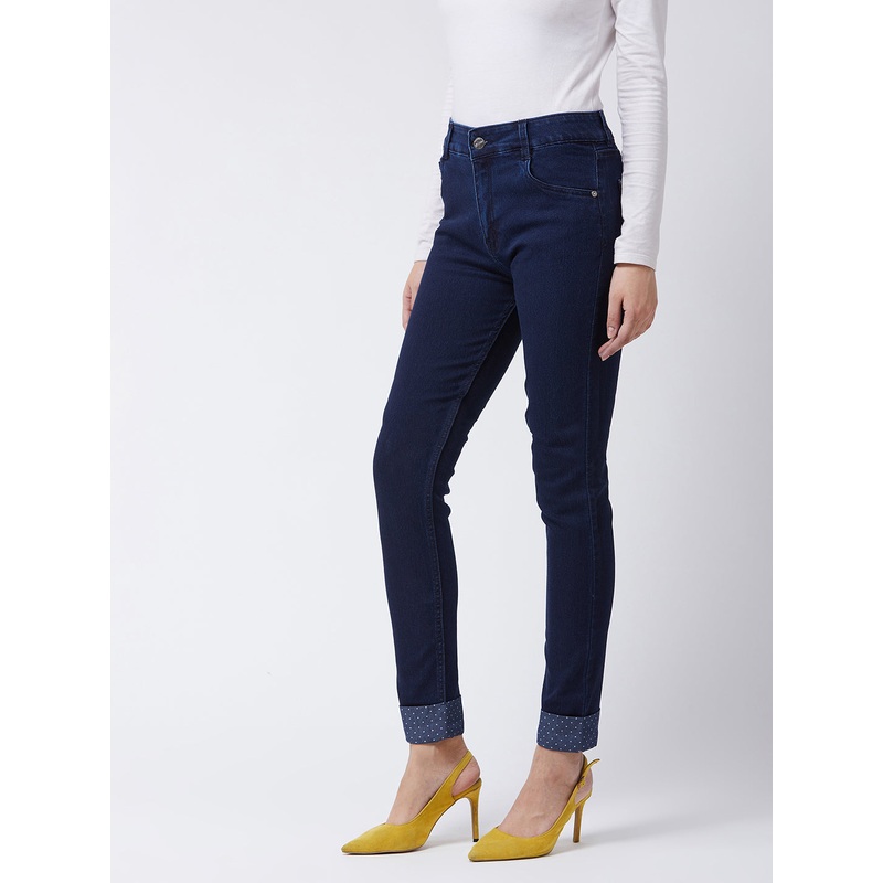 Women’s Navy-Blue Skinny-Fit Mid-Rise Cropped Printed Turner Detailing Length Stretchable Denim Jeans 26 Navy Blue