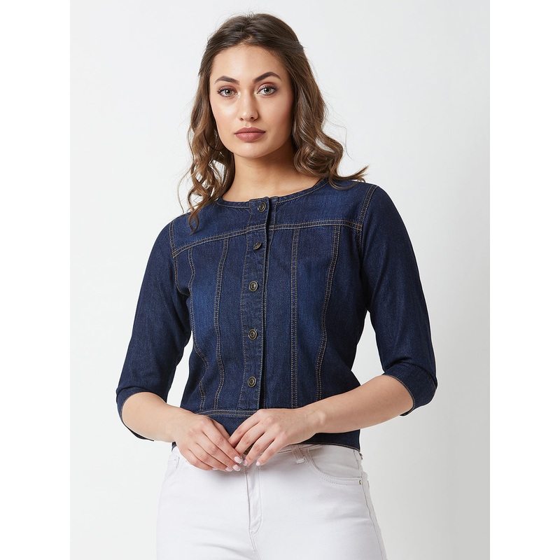 Women’s Navy Round Neck 3/4 Sleeves Denim Solid Cropped Jacket XS Navy Blue