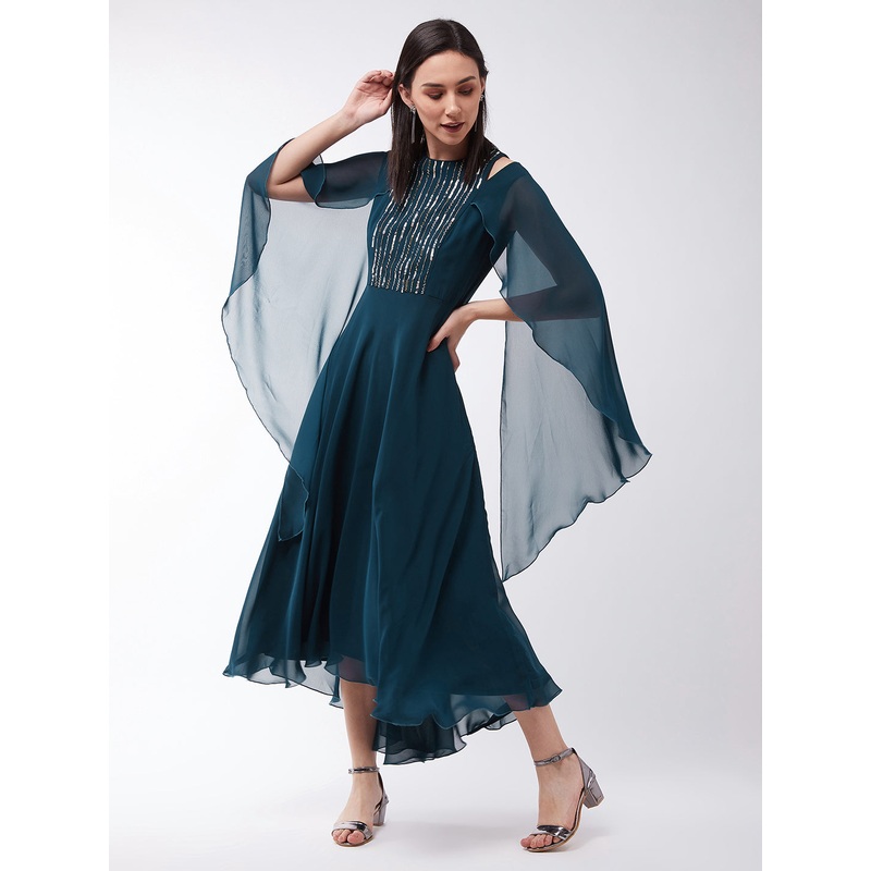 Women’s Teal Sequined Relaxed Fit Round Neck Embellished Sleeveless Party Maxi Dress XS Teal