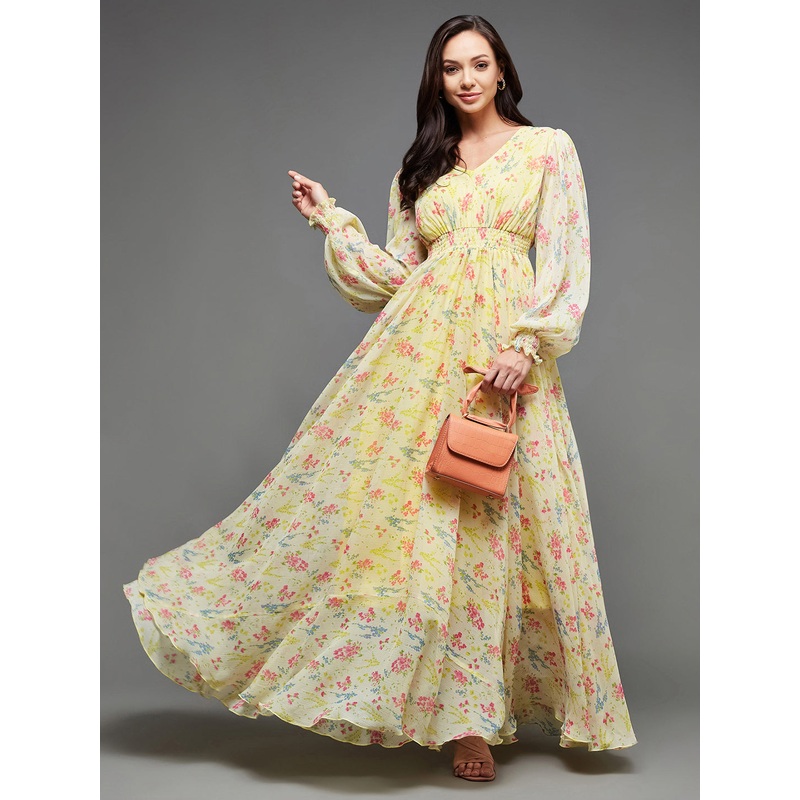 Yellow Full Sleeves Floral Printed Fit and Flare Dress for Women XS Yellow
