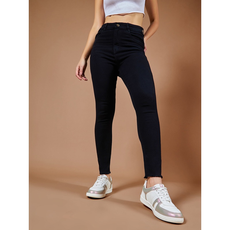 24/7 Comfort Black Skinny Fringed Detailing High-Rise Clean-Look Solid Cropped Stretchable Denim Jeans 26 Black