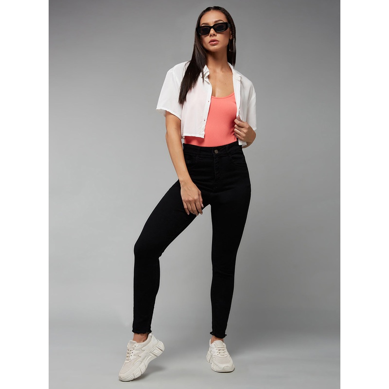 24/7 Comfort Black Skinny Fringed Detailing High-Rise Cropped Stretchable Denim Jeans 26 Black