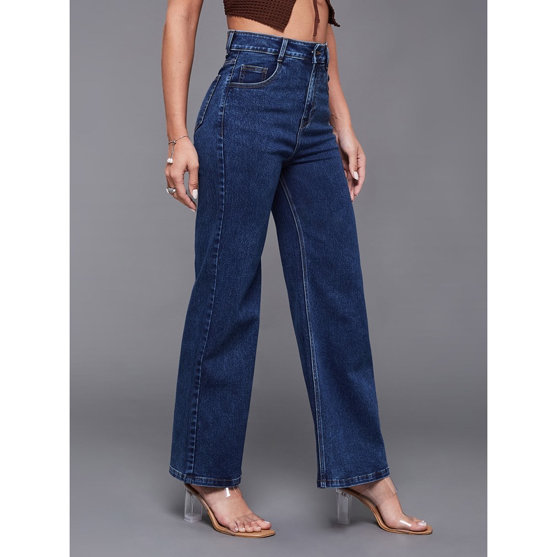 24/7 Comfort Mid-Blue Wide-Leg High-Rise Stretchable Denim Jeans 26 Navy Blue