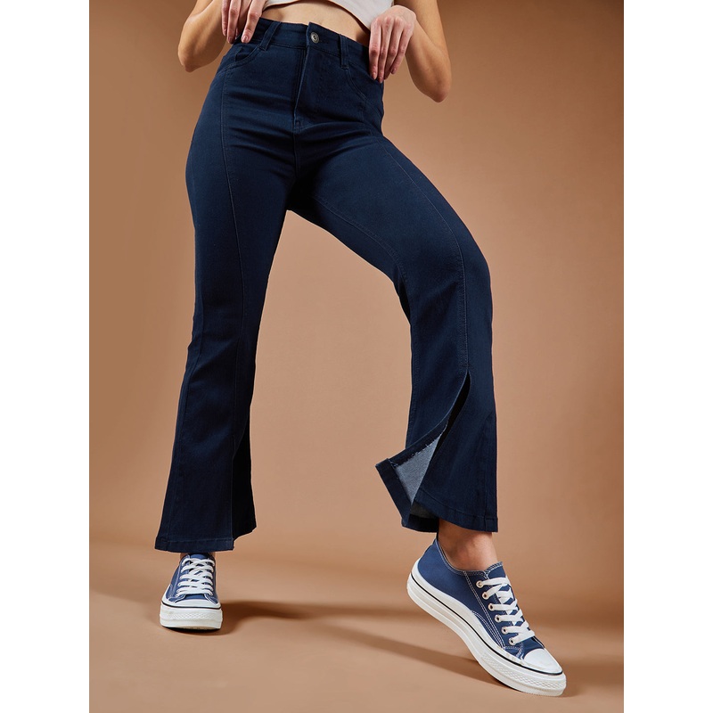 24/7 Comfort Navy-Blue Bell-Bottom Bootcut High-Rise Stretchable Slit Denim Jeans 26 Navy Blue