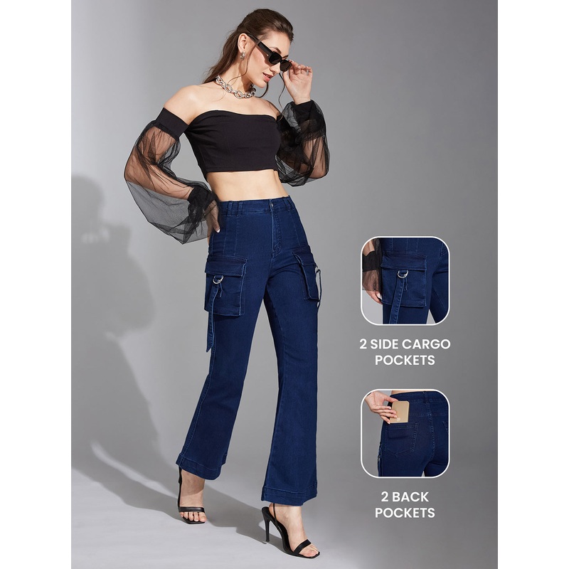 24/7 Comfort Navy-Blue Patch Pockets Bell-Bottom Bootcut High-Rise Stretchable Denim Jeans 24 Navy Blue
