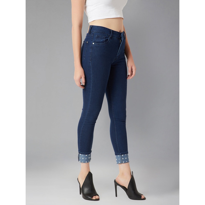 24/7 Comfort Navy-Blue Skinny-Fit High-Rise Pearl Embellished Stretchable Denim Jeans 26 Navy Blue