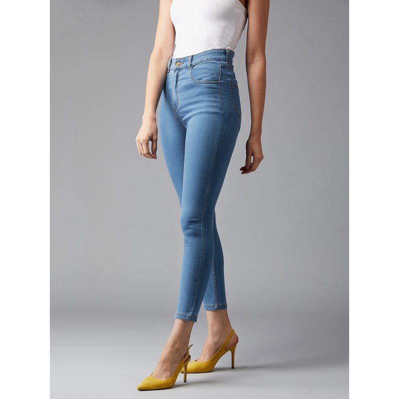 CHASEstretch Women’s Blue Solid Skinny High-Rise Cropped Fringe Detailing Solid Stretchable Denim Jeans 26 Blue