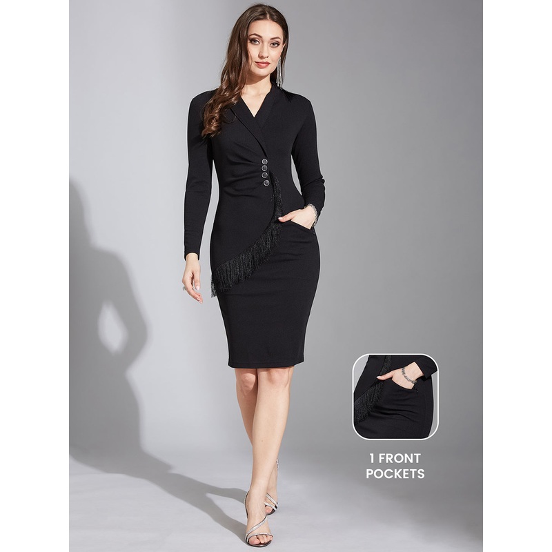 Crease Ease Women’s Black Solid Collared Neck Full Sleeve Polyester Bodycon Knee Length Dress XS Black
