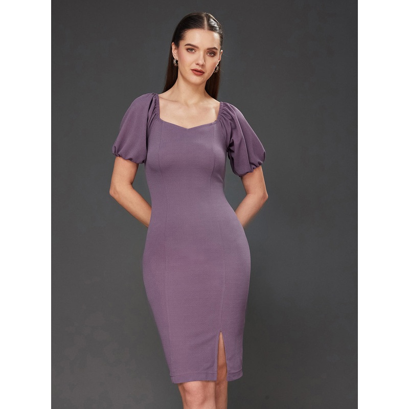 Crease Ease Women’s Dark Lavender Solid Bodycon V-Neck Half Sleeve Slim Fit Knee-Long Dress XS Lavender