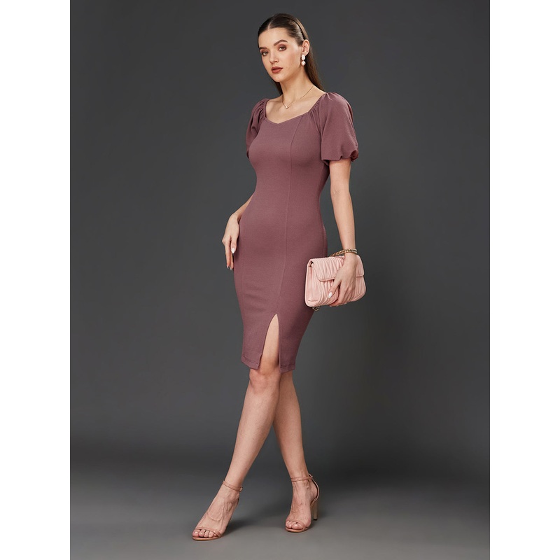 Crease Ease Women’s Mauve Solid Bodycon V-Neck Half Sleeve Slim Fit Knee-Long Dress XS Mauve