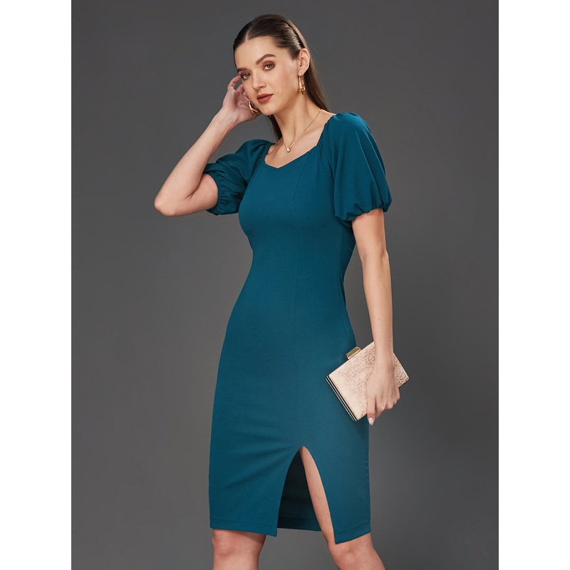 Crease Ease Women’s Teal Solid Bodycon V-Neck Half Sleeve Slim Fit Knee-Long Dress XS Teal