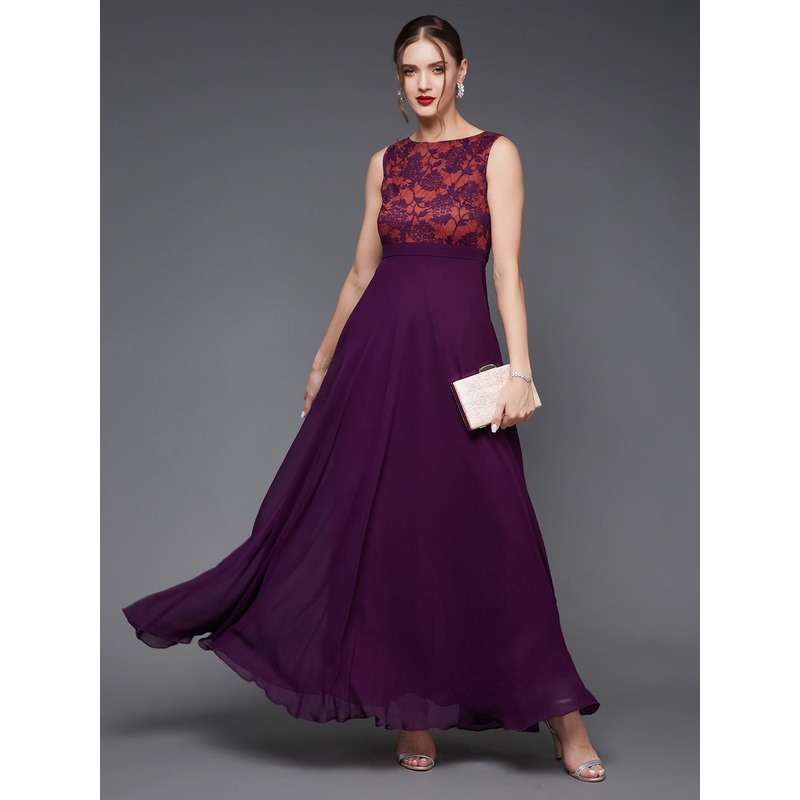 Dark Purple & Rust Sleeveless Fit and Flare Lace Dress for Women XS Purple