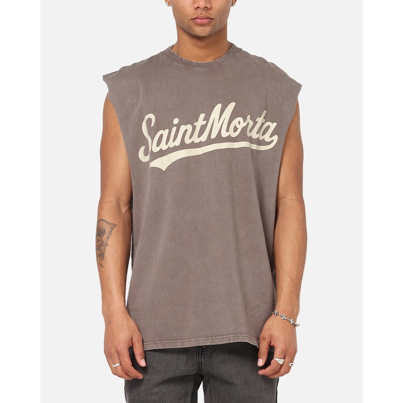 Saint Morta Script Oversized Muscle T-Shirt Washed Brown S