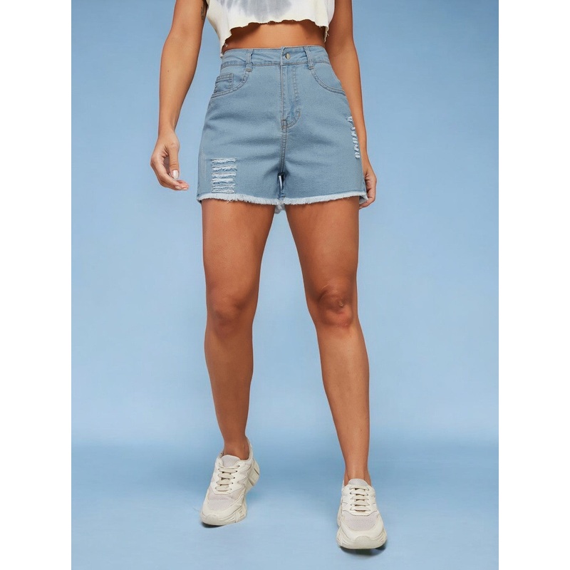 Women’s Blue Relaxed Mid Rise High Distress Regular Non Stretchable Denim Shorts 24 Blue