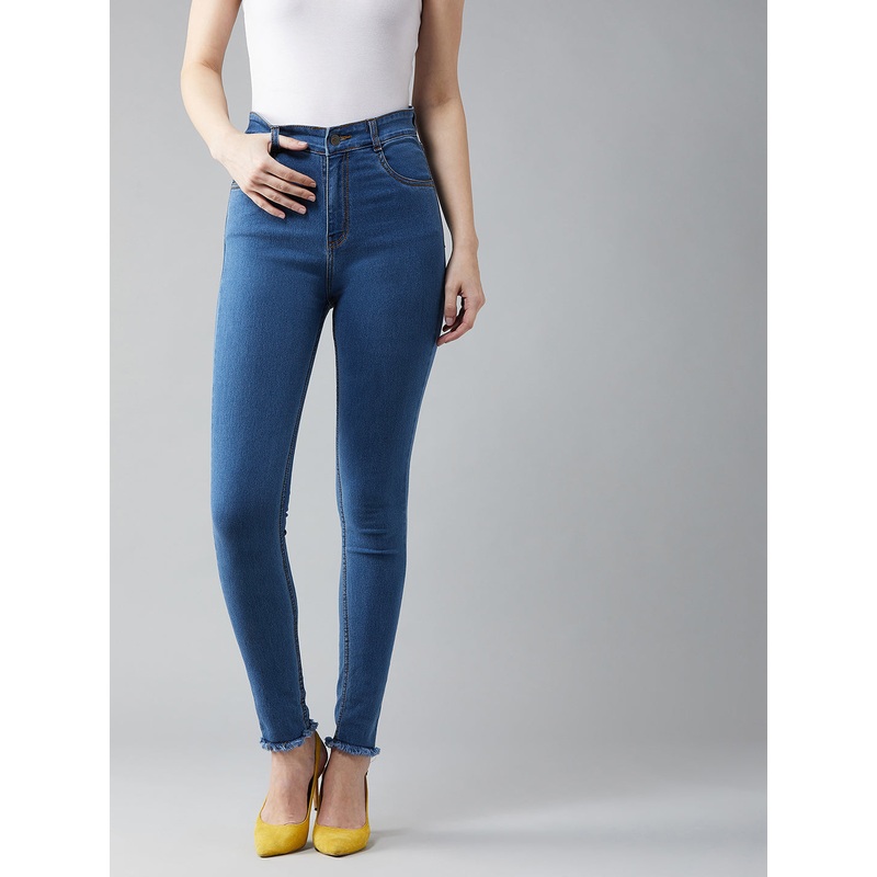 Women’s Blue Skinny High-Rise Cropped-Length Fringe Detailing Stretchable Denim Jeans 26 Blue