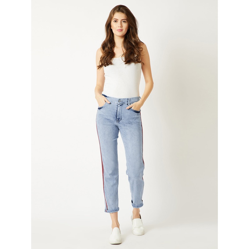 Women’s Light Blue Slim High-Rise Twill Tape Detailing Blast Effect Stretchable Denim Jeans 26 Blue