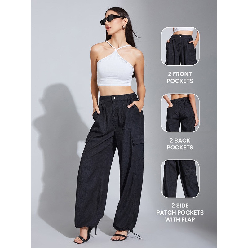 24/7 Comfort Black High-Rise Stretchable Light Weight Denim Cargo Parachute Pants 26 Black