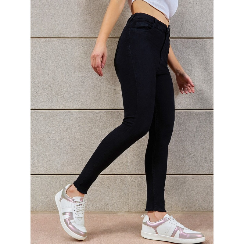 24/7 Comfort Black Skinny Fringed Detail High-Rise Cropped Stretchable Denim Jeans 26 Black