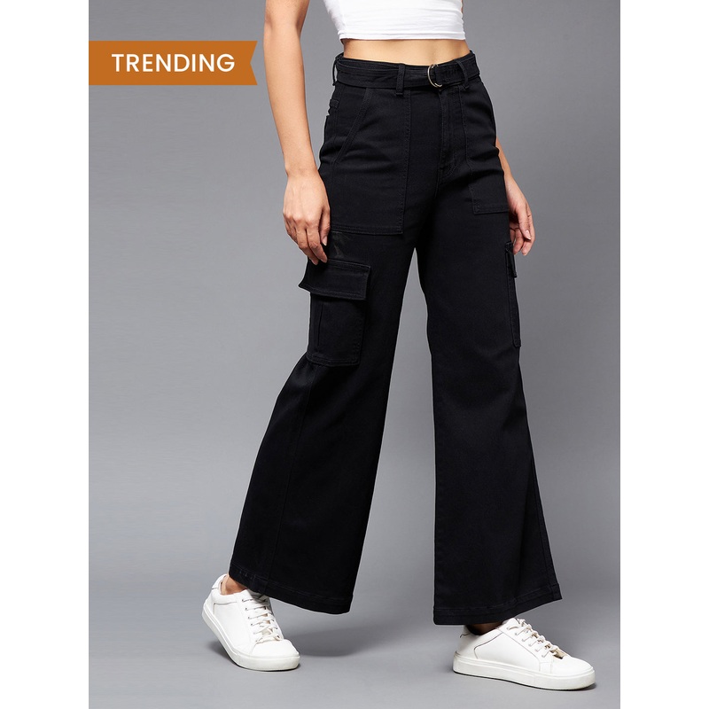 24/7 Comfort Black Wide-Leg Cargo High-Rise Stretchable Denim Jeans 24 Black
