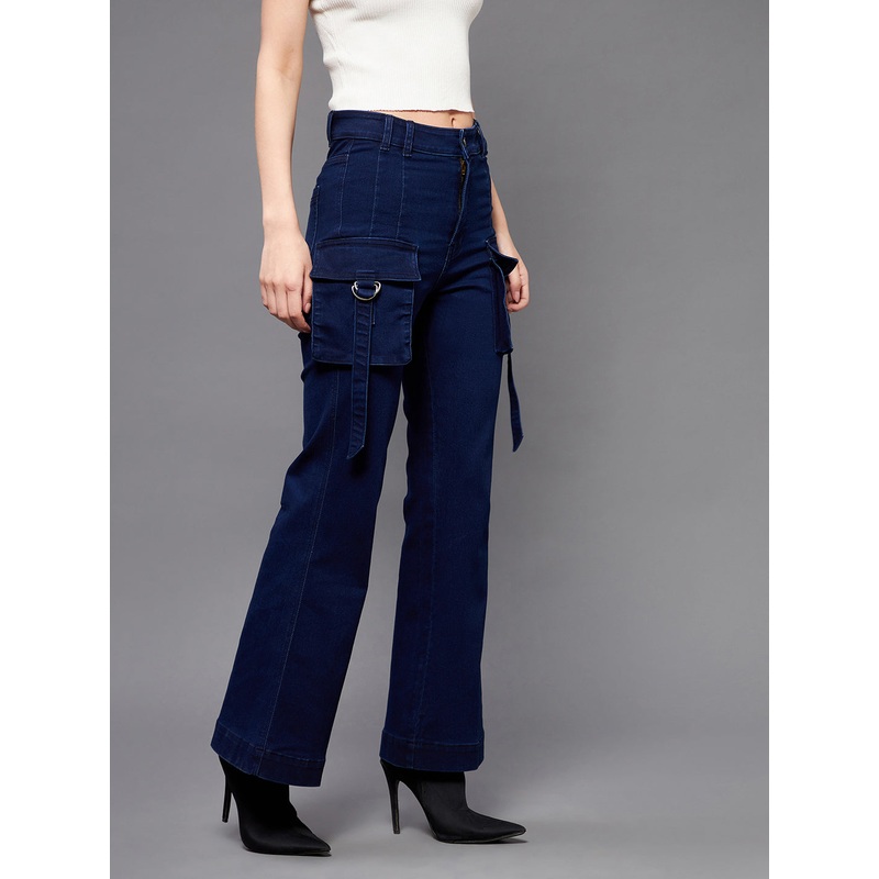 24/7 Comfort Navy-Blue Bell-Bottom Bootcut High-Rise Stretchable Cargo Denim Jeans 24 Navy Blue