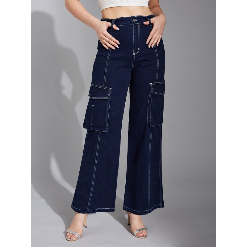 24/7 Comfort Navy-Blue Wide-Leg High-Rise Stretchable Baggy Denim Jeans 26 Navy Blue