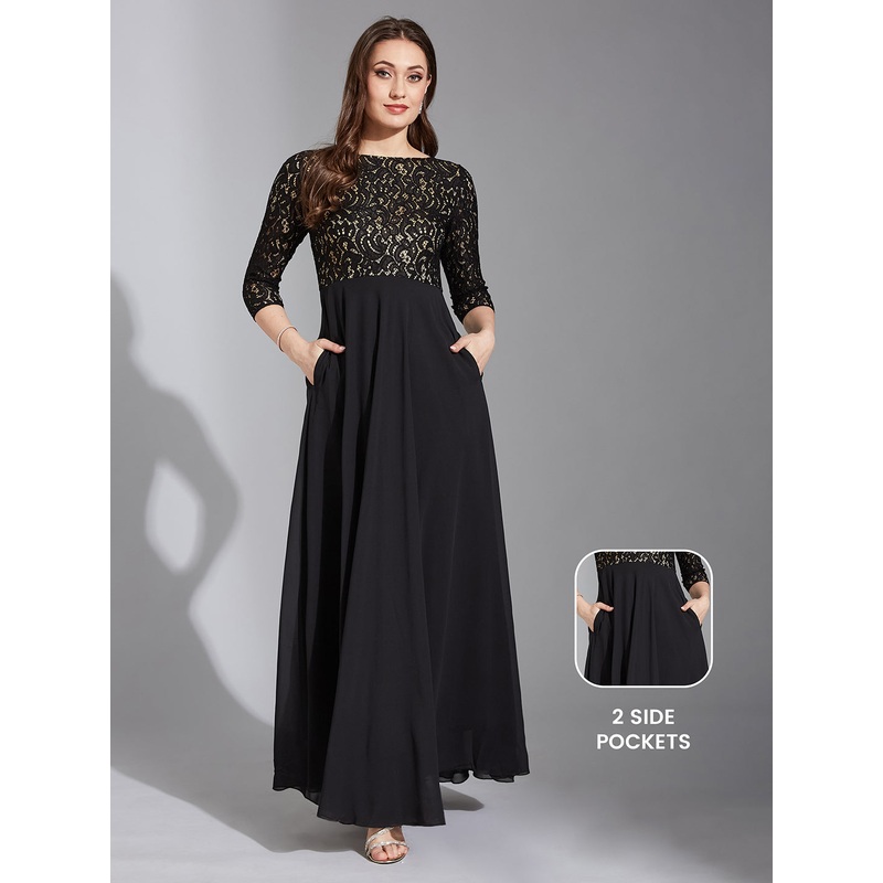 Black Boat Neck Lace Fit and Flare Maxi Dress for Women XS Black