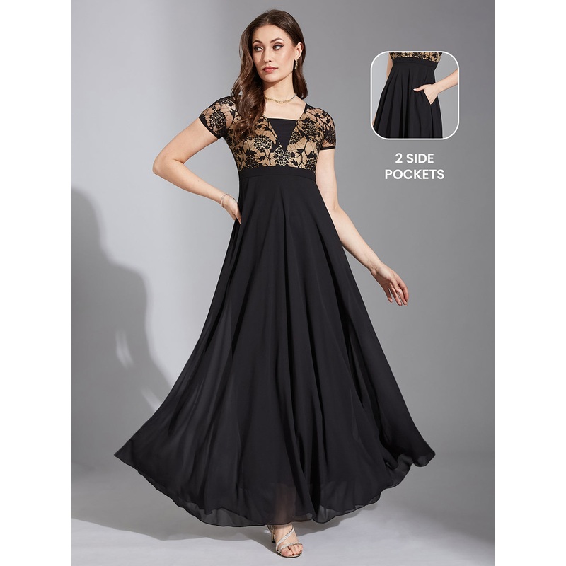 Black Short Sleeves Lace Fit and Flare Maxi Dress for Women XS Black