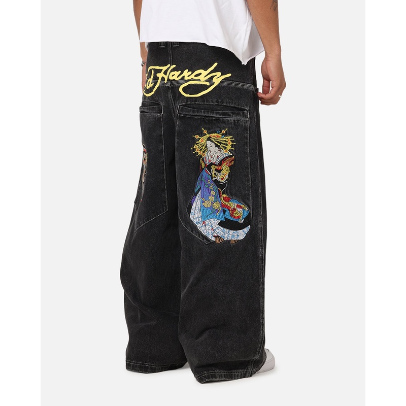 Ed Hardy Ultra Wide Leg Denim Jeans Black/Yellow 28