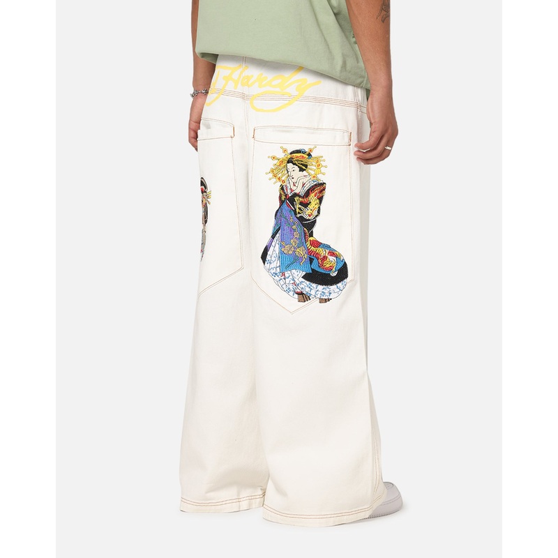 Ed Hardy Ultra Wide Leg Denim Jeans Off White/Yellow 28