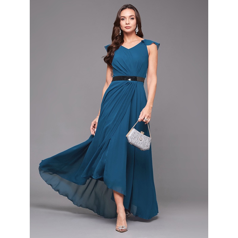 Royal Blue Solid Fit and Flare Maxi Dress with Black Sequinned Belt for Women XS Blue